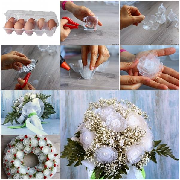 Como fazer buquê de flores de plástico a partir de Caixa de Ovos / Box - ramalhete bonito da flor feita a partir de caixa de ovo de plástico ou na bandeja