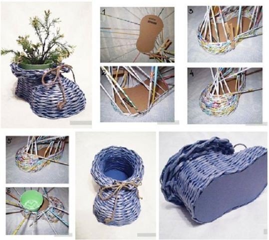 DIY Newpaper Roll Woven Shoe Vase Instructions and Tutorial