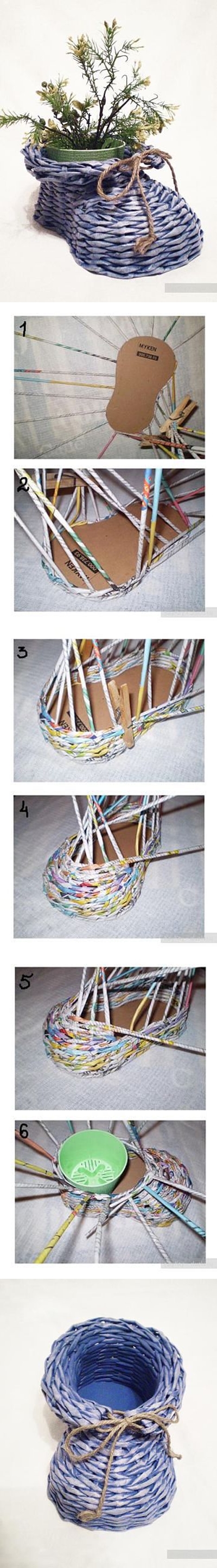 DIY Newpaper Roll Woven Shoe Vase tutorial