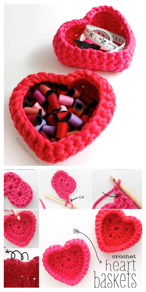 Heart Shaped Basket Free Crochet Patterns from Old T-shirts 