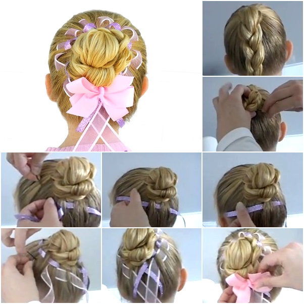 DIY girls hair bun with ribbons