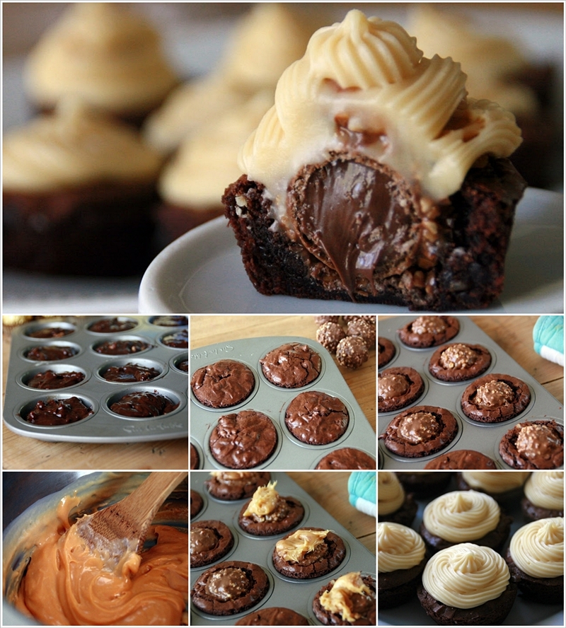 Ferrero Rocher Brownie Bites Topped with Caramel Cream Cheese