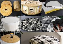 How to DIY Shelly’s Salvaged Spool Ottoman Repurposed Wire Spool Furniture Ideas - diy Salvaged Spool Ottoman