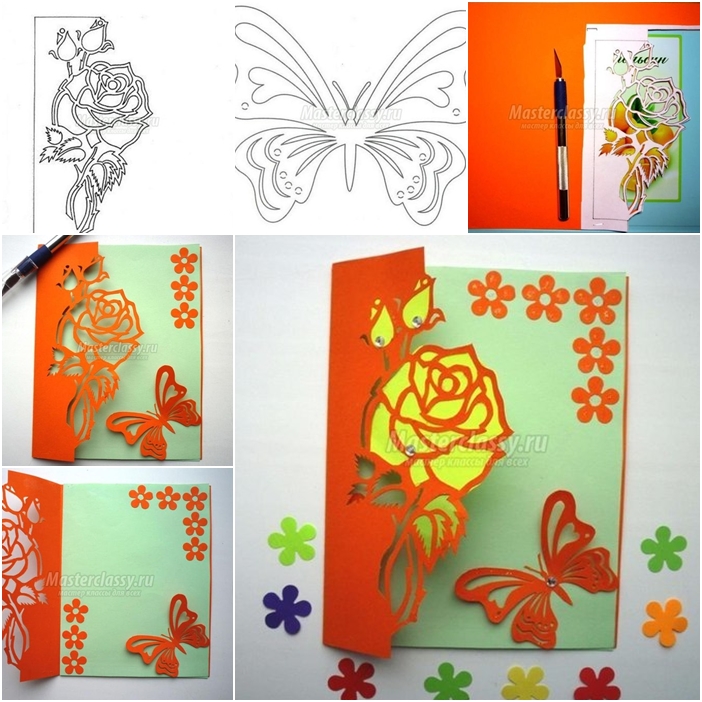 Free Carved Greeting Card Pattern - Rose and Butterfly