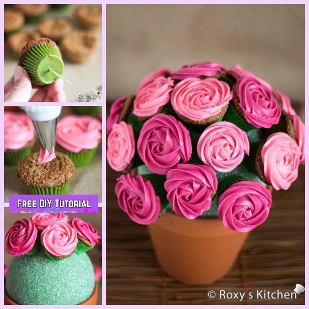 DIY Rose Flower Cupcake Bouquets Tutorials - DIY Flower Pot Rose Bouquet Recipe