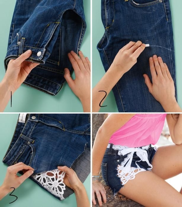 DIY Lace Trim Jean Shorts Refashion Ideas Tutorials