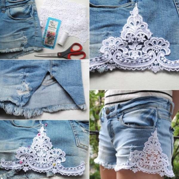 DIY Lace Trim Jean Shorts Refashion Ideas Tutorials