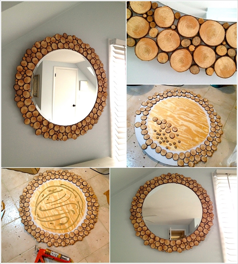 amazing mirror with wood slices around