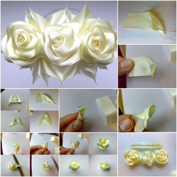 Diy ribbon roses, how to make satin ribbon roses,kanzashi roses tutorial 