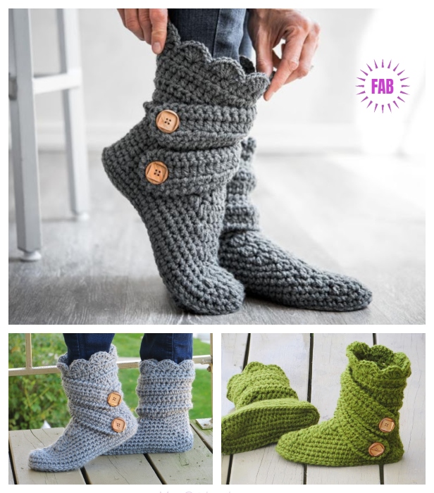 DIY Ladies Buttoned Cuff Slipper Booties Crochet Pattern - Video