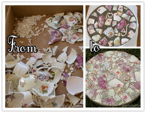 garden stepping stones with broken dish or china