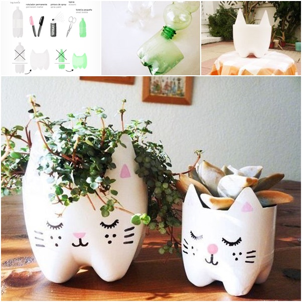 DIY hanging cat planter from plastic bottles PATTERN