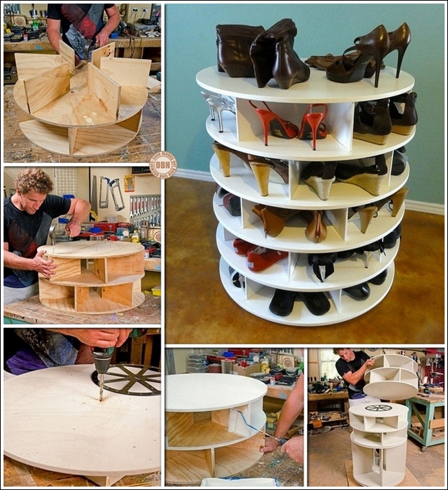 lazy susan style shoe storage rack diy