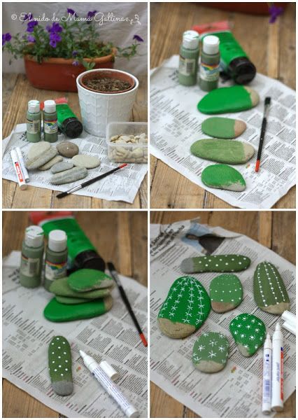 DIY Painted Rock Cactus Tutorials: Paint Rock Cactus, Faux Cactus in flower pot