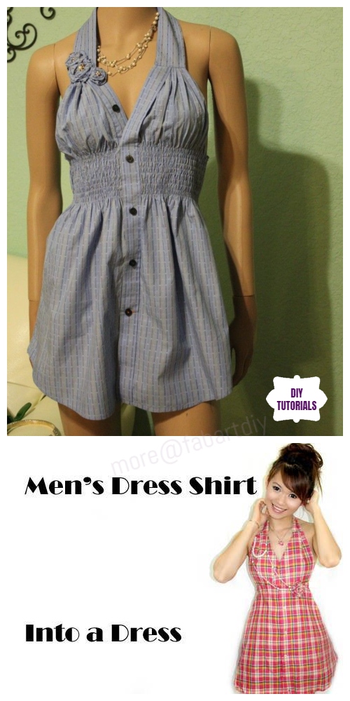 Creative Ideas to Repurpose Old Shirts into New Fashion - Men Shirt into Women Halter Dress Tutorial