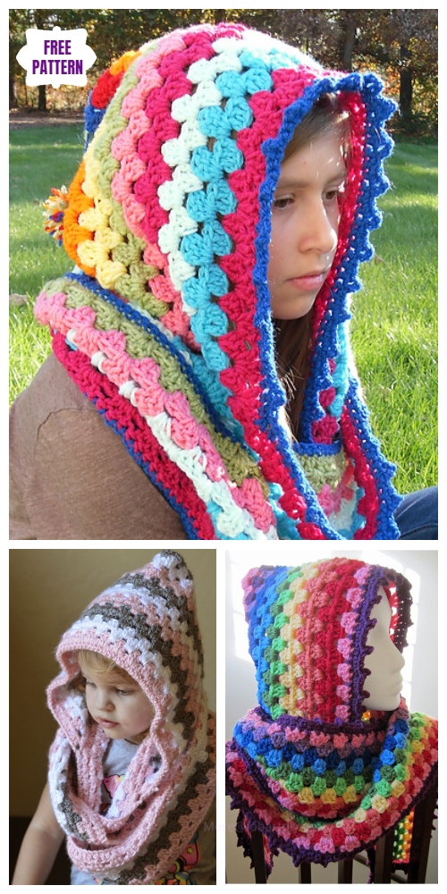 DIY Harlequin Granny Crochet Hooded Cowl Free Pattern 