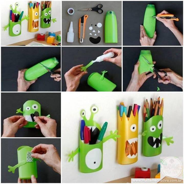 DIY Shampoo Bottle Monster Pencil Holder Organizer