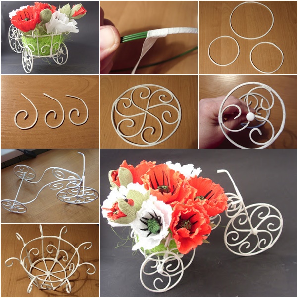 Wire cart planter for flower bouquet