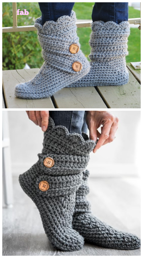 DIY Crochet Ladies Buttoned Cuff Slipper Booties Pattern (Video)