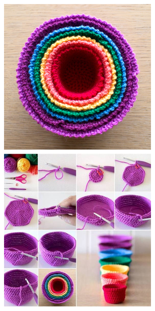 Lovely Set of Rainbow Nesting Baskets Free Crochet Pattern