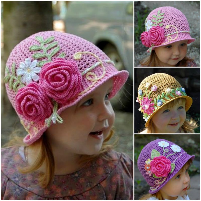 crochet girls vintage hat with rose