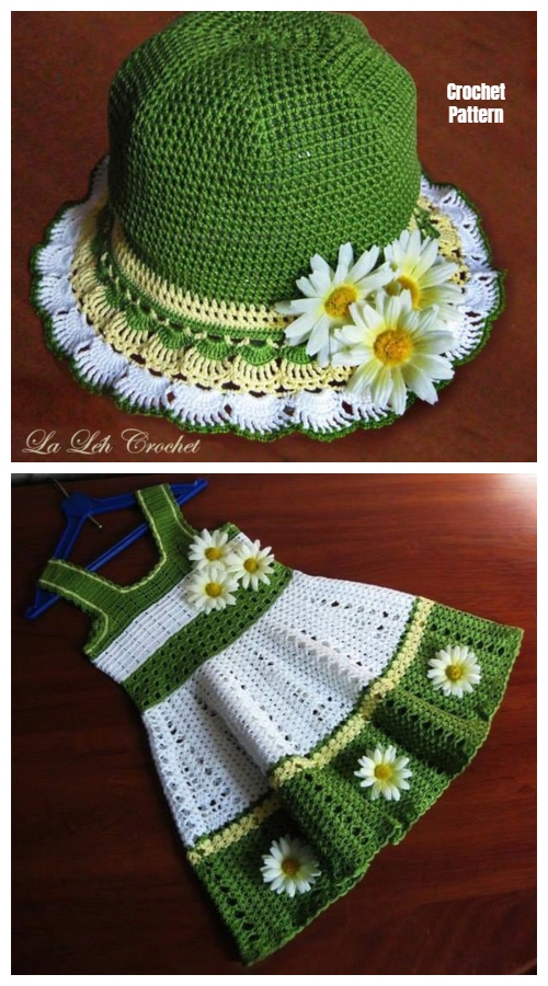 DIY Girl’s Crochet Dress and Hat Set Pattern - Green Daisy Shell Stitch Dress