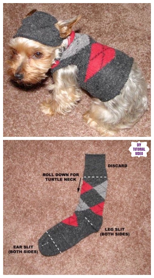 DIY Pet Coat and Sweater Free Sew Patterns & Tutorials - DIY dog jumper sweater from socks