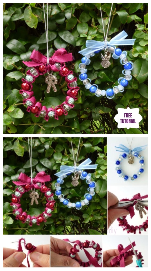 DIY Bead Ribbon Wreath Christmas Ornament Tutorials