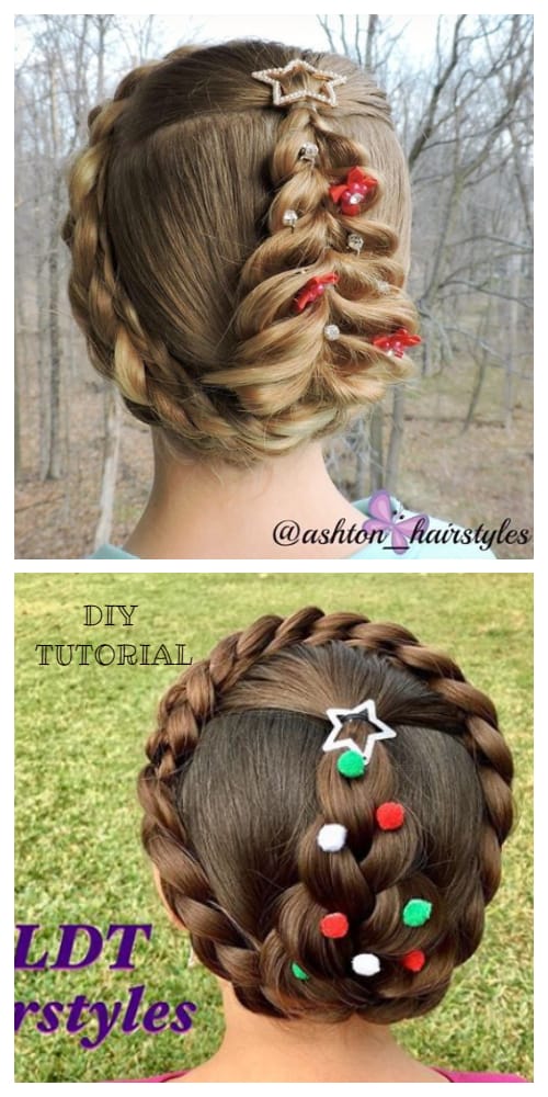 Festive Girls' Christmas Tree Up-do Holiday Hairstyle DIY Tutorials + Video