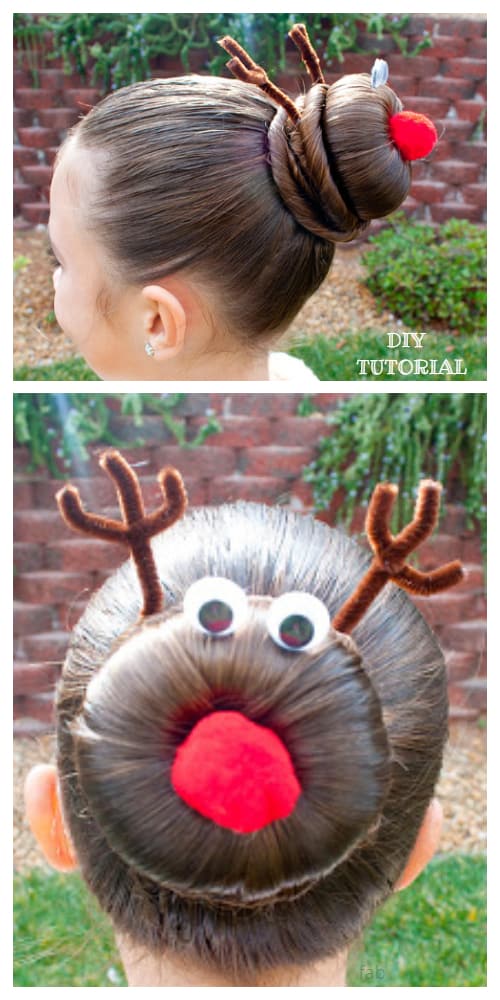 Christmas Girls Reindeer Hairstyle Hair Bun Updo DIY Tutorial