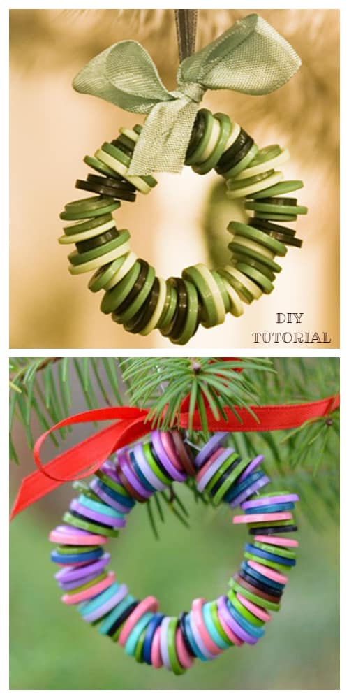 Kids Friendly Christmas Button Crafts Holiday Decorations DIY Ideas - button Christmas Wreath Ornament DIY Tutorial