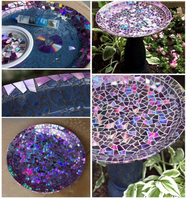 20+ Terra Cotta Clay Pot DIY Project for Your Garden-Mosaic Tile Birdbath using Recycled DVDs