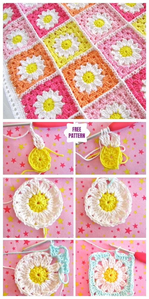 Crochet Daisy Granny Square Blanket- Free Crochet Pattern - A