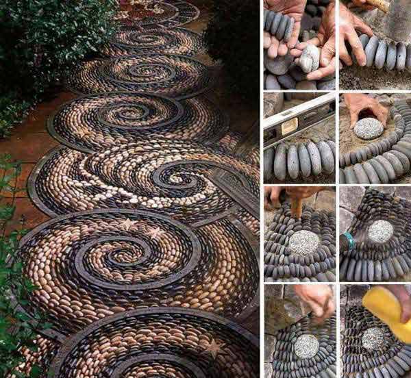 20+ Fabulous DIY Garden Decorating Ideas with Pepples and Stones2-Spiral Rock Mosaic Path