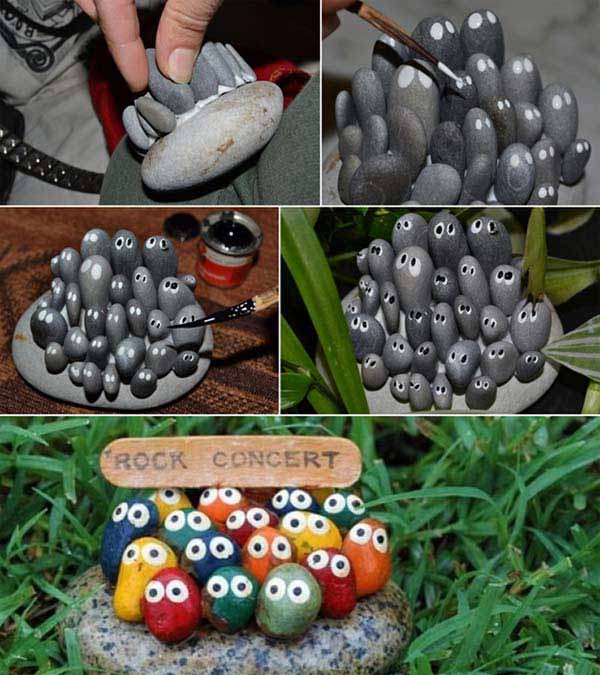 20+ Fabulous DIY Garden Decorating Ideas with Pebbles and Stones6-Rock Concert Stone Art Concert Bird