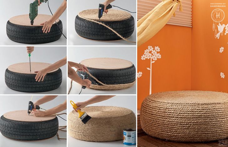 Rope Covered Tire Ottoman-20+ DIY Ways to Repurpose Old Tires