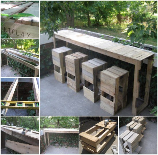 20+ Outdoor Pallet Furniture DIY ideas and tutorials -Pallet Bar Table and Stools