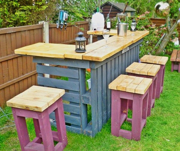 20+ Outdoor Pallet Furniture DIY ideas and tutorials -Pallet Bar Table and Stools