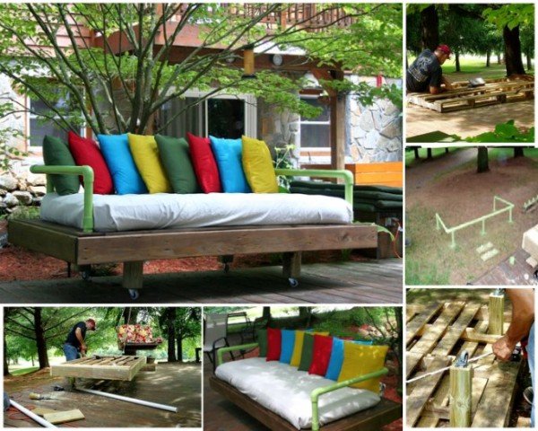 20+ Outdoor Pallet Furniture DIY ideas and tutorials- DIY PVC Pallet Day Bed(garden bench)