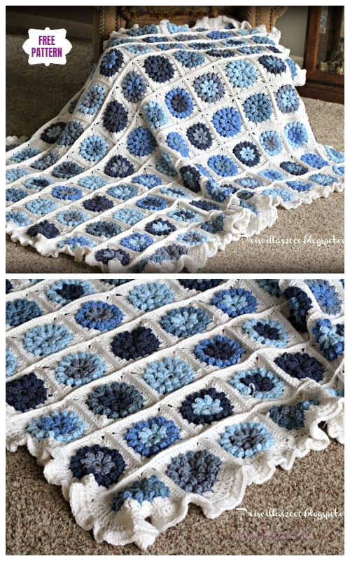 Crochet Blue Puffy Flower Blanket Free Crochet Pattern