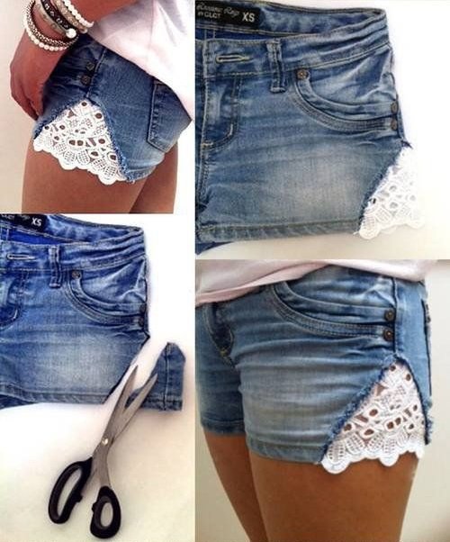 20+ FabArtDIY Ways To Rejuvenate Your Old Jeans - DIY LACE demin shorts