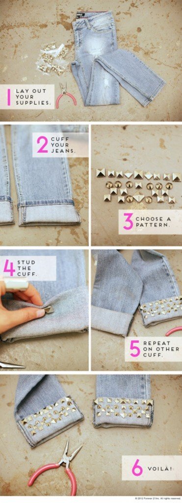 20+ Fabulous DIY Ideas and Tutorials to Refashion Your Old Jeans - ﻿Studded Cuff Jeans D.I.Y Tutorial