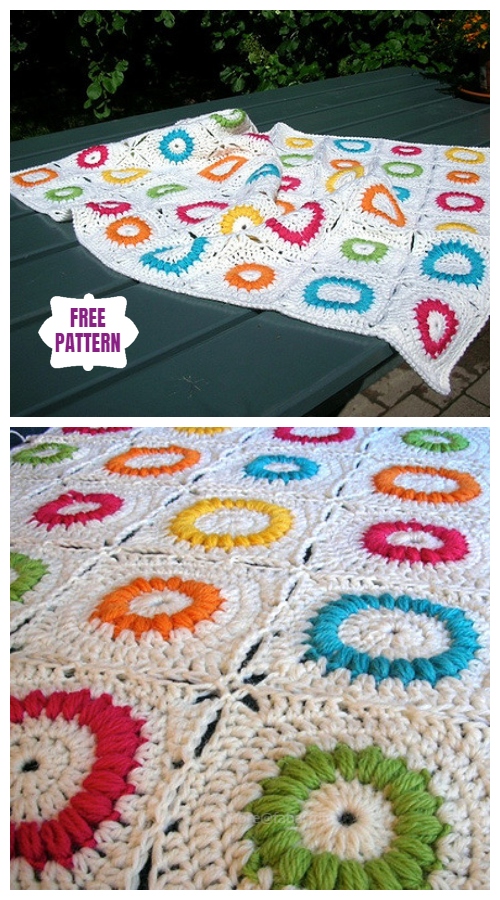 Crochet Mille's Puffed Rings Granny Square Blanket Free Crochet Pattern