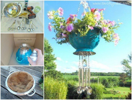 20 Fabulous Art DIY Garden Projects for This Spring - DIY Wind Chime Colander Planter tutorial