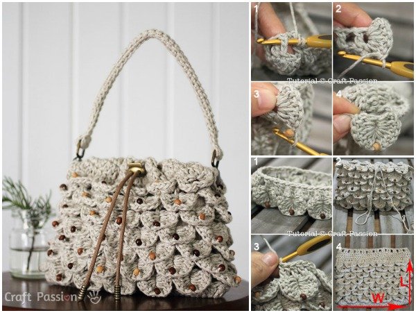 Crochet crocodile stitch drawstring leafy purse free pattern