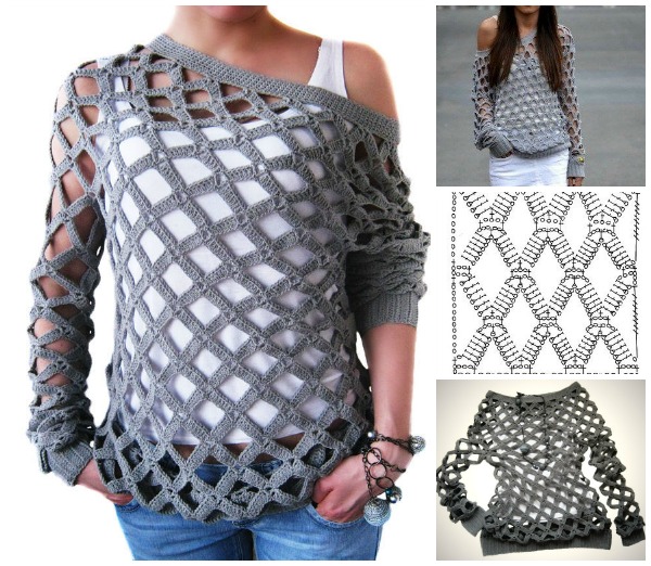 DIY Crochet Diamond Open Weave Net Sweater Free Pattern and Video tutorial