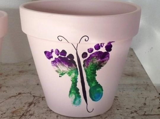 Hand & Footprint Art DIY Ideas and Projects - How to Make a Footprint Butterfly Flower Pot tutorial