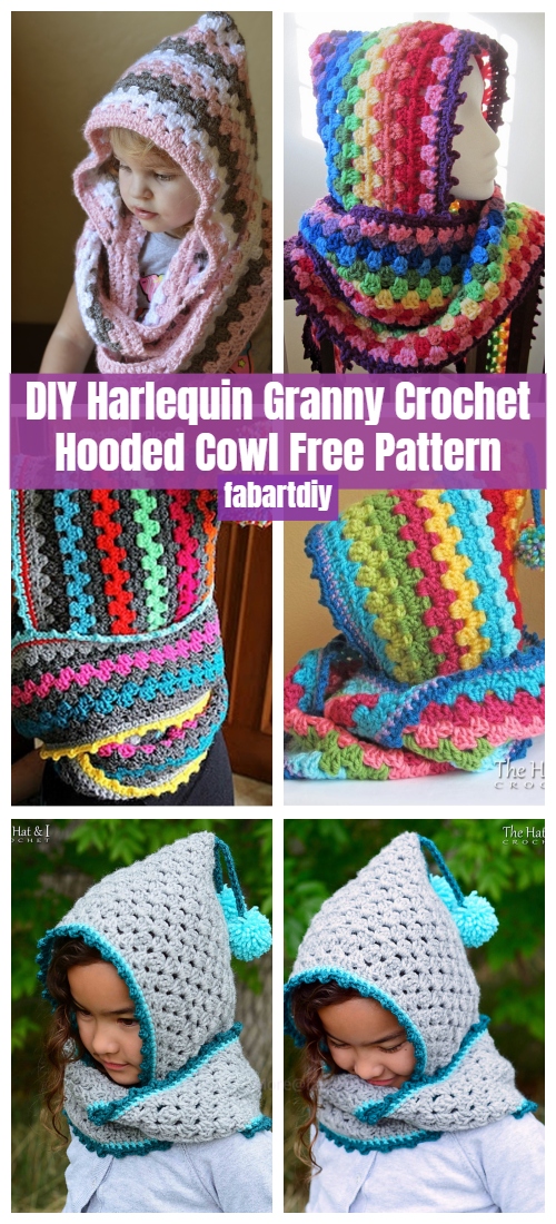 DIY Harlequin Granny Crochet Hooded Cowl Free Pattern