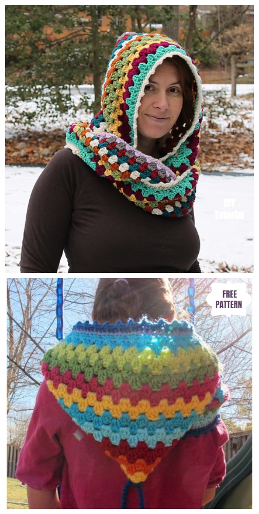 DIY Harlequin Granny Crochet Hooded Cowl Free Pattern