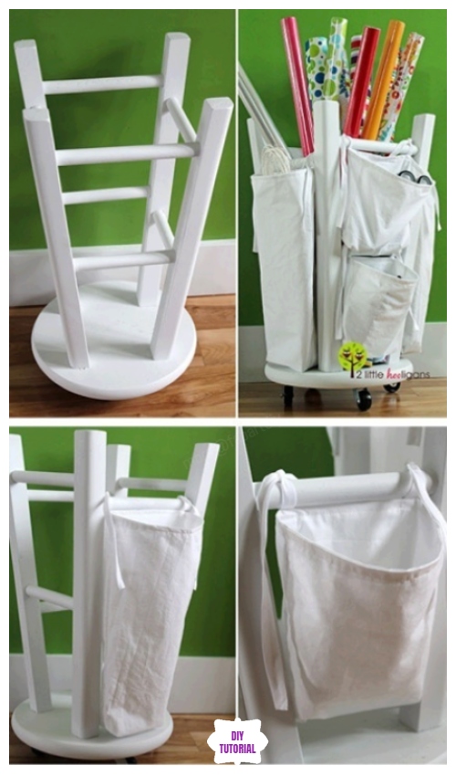 DIY Old Stool Wrapping Paper Organizer Tutorial